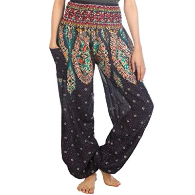 Image of Lofbaz Harem Pants for Women Hippie Boho Festival Clothing Bohemian Trousers Yoga Beach Summer Smocked Waist with Pockets Floral 1 Dark Blue XL