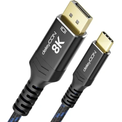Image of deleyCON 3.0 m 8K USB C to DisplayPort 1.4 Cable @ 60Hz 4K 120Hz with Aluminium Plug &amp; Nylon Compatible Thunderbolt 3/4 Mobile Phone Smartphone Tablet PC Computer etc. Black Blue