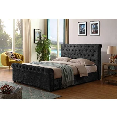 Image of Luxury Crushed Velvet Sleigh Style Tufted Diamante Diamond Chesterfield Ottoman Storage Gas Lift Up Bed Frame By CosyWinks® Black 5ft
