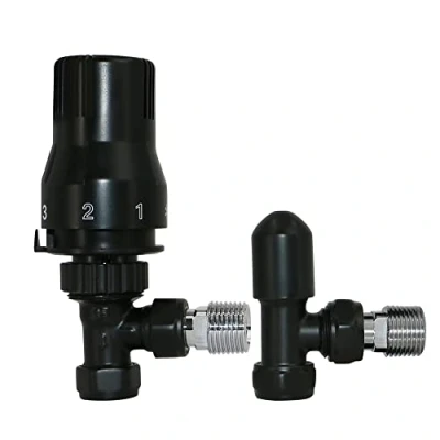 Image of NRG 15mm Black TRV Thermostatic Radiator Valve + Lockshield Angled Valves