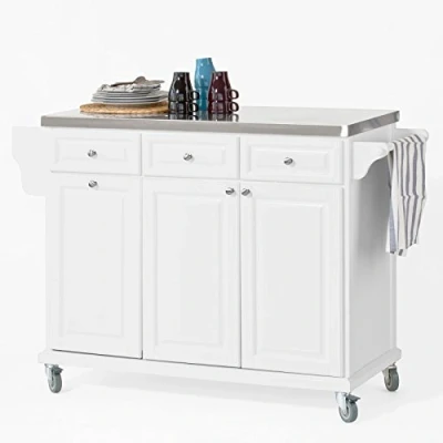 Image of SoBuy® FKW33 W, Luxury Kitchen Trolley with Large Storage Cabinet, Island Stainless Steel Worktop, White