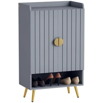 Image of HOMCOM Modern Shoe Cabinet with 2 Doors, Open Shelf and Adjustable Shelves, Hallway Cupboard for 15 Pairs of Shoes, Entryway Storage Unit, Light Grey