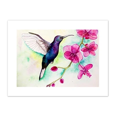 Image of Wee Blue Coo Hummingbird And Orchid Art Print Canvas Premium Wall Decor Poster