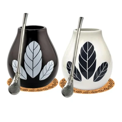 Image of Mate Tea Cup Set for Two ● Ceramic Yerba Hoja Calabash 350 ml Steel Straw Bombilla with Cooling Ring Stainless Staw Cork Pad Starter Kit Necessary Accessories