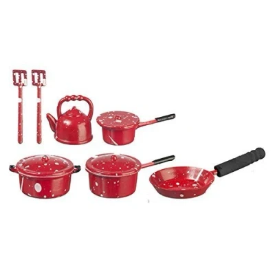 Image of Melody Jane Dolls House Red Spot Saucepan Pan Set &amp; Kettle Kitchen Accessory