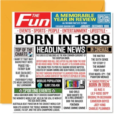 Image of 25th Birthday Cards for Men Women Born In 1999 Newspaper Happy 25 Card Son Daughter Cousin Vintage Retro Back 1999, 145mm x Twenty Five Fifth Bday Greeting