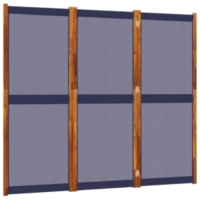 Image of vidaXL 3 Panel Acacia Wood/Textilene Room Divider Dark Blue Folding Privacy Screen for Living Room/Bedroom/Office/Garden, 210x180 cm