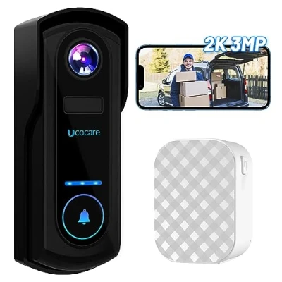Image of UCOCARE Video Doorbell Wireless with Chime, 2K 3MP WiFi Camera, 10000mAh Battery, PIR Motion Detection, Voice Message, Night Vision, 2 Way Audio, IP67, Support SD Card &amp; Cloud Storage, Black (P3)