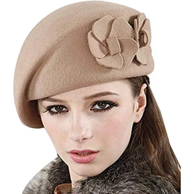 Image of Wool Beret Hat, Adjustable Women Warm Flower Cap French Style Beanie Hat Winter Vintage for Floppy Artist Painter (Beige)