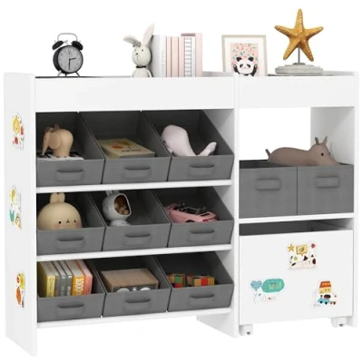 Image of AIYAPLAY Kids Toy Storage Unit, Children Box Organiser with 11 Fabric Bins, Cabinet, Top Shelves, 3 Stickers, Unit Bookshelf for Nursery, Playroom, Kindergarten, White