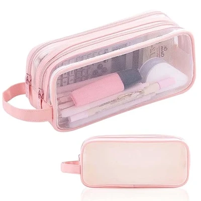 Image of TZCIN Clear Pencil Case Large Mesh 2 Compartment Pen Bag Stationery Pouch Cosmestic Make up for Student School College Office (Pink)