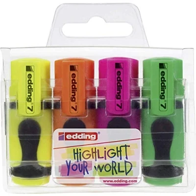 Image of edding 7 mini highlighter set pastel colours 4 pens chisel nib 1 3 mm small in trendy for bullet journals, school, college, university or the office