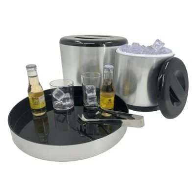 Image of Chabrias Ice Bucket with Lid and Tongs Round &amp; Double Walled Insulation Perfect for Home Bars, Pubs, Restaurants, BBQs Picnics (4 Litre)