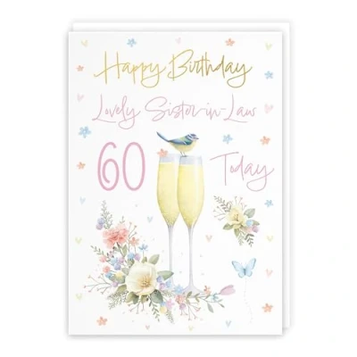 Image of Hunts England 60th Sister in Law Champagne Flutes Birthday Card Luxury Gold Foil Milo&#039;s Gallery Age 60 Butterflies, Hearts, Flowers Pretty For A5 Size