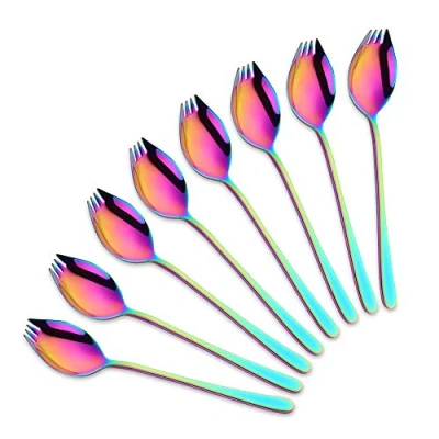Image of SBOMHS 8 Pieces (3 in 1) Spork Stainless Steel Knife Spoon Fork Set Camping Cutlery Rainbow