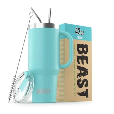 Image of Beast Tumbler 1300 ml (42 oz), Aquamarine Blue Reusable Stainless Steel, Vacuum Insulated Cup with + 2 Straws &amp; Cleaning Brush Double Wall Travel Flask Perfect for Hot or Iced Coffee