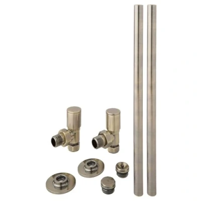 Image of Milano Modern Pair of Dark Brushed Brass Angled Heated Towel Rail Radiator Valves and Pipe Connector Kit