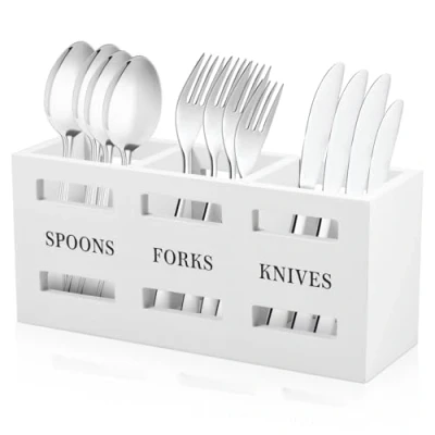 Image of NIHUIFDPY Kitchen Utensil Holder, 3 Compartments Wooden Silverware Caddy, Farmhouse Organizer Cooking Tools Storage for Forks Spoons Countertop Decor(white)