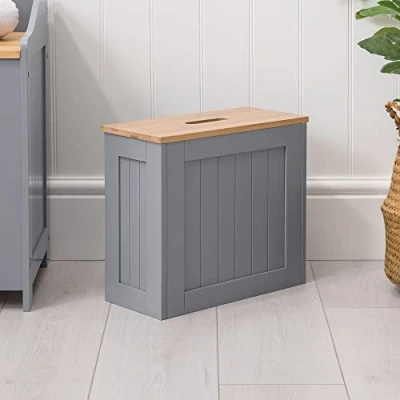 Image of CHRISTOW Small Bathroom Storage Unit, Grey &amp; Bamboo Toilet Roll Cabinet, Compact Slimline Wooden Box, Multi Purpose Cleaning Tidy Organiser