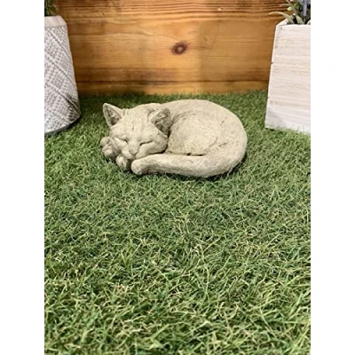 Image of STONE GARDEN LAYING SLEEPING CAT KITTEN MEMORIAL STATUE ORNAMENT