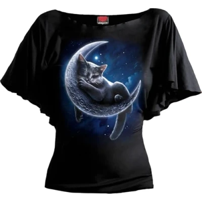 Image of Spiral Velvet Moon Boat Neck Bat Sleeve Top Black S