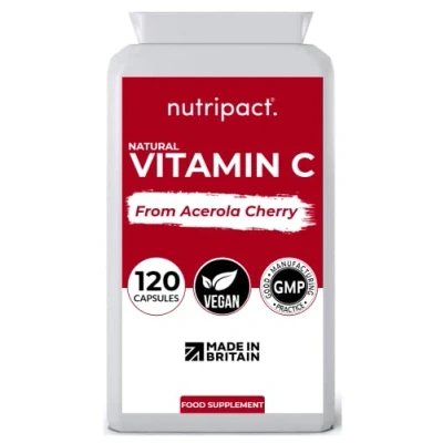 Image of Acerola Cherry Extract 120 Vegan Capsules Natural Vitamin C (Food Form) Complex Enhanced with Rosehip, Elderberry, Parsley and Blackcurrant UK Made to The GMP Code of Practice