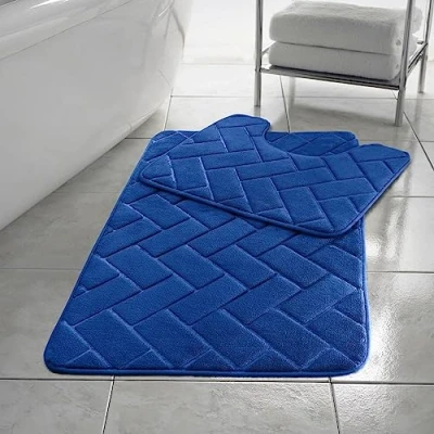 Image of HomeSpace Direct Blocks Non Slip Memory Foam Bath Mat/Toilet Mat Set Blue