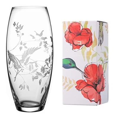 Image of DIAMANTE Flying Heron Vase Etched Wild Floral Pattern with Bird 30cm