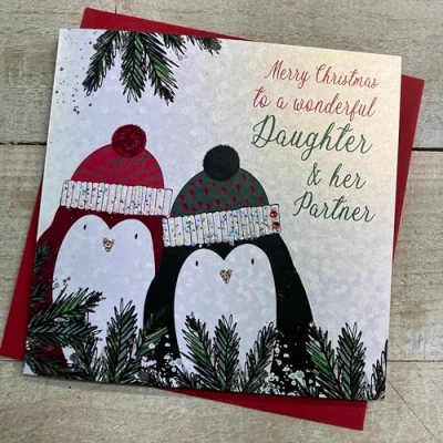 Image of WHITE COTTON CARDS DAUGHTER &amp; HER PARTNER TWO PENGUINS CHRISTMAS CARD, HAND FINISHED (C23 73), 16cm x