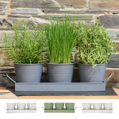 Image of CKB LTD Set of 3 Metal Herb Plant Pots with Saucer Drip Tray Traditional Indoor Windowsill Coloured Planter Box for The Kitchen Grow Your Own Herbs Cooking (Charcoal Grey)