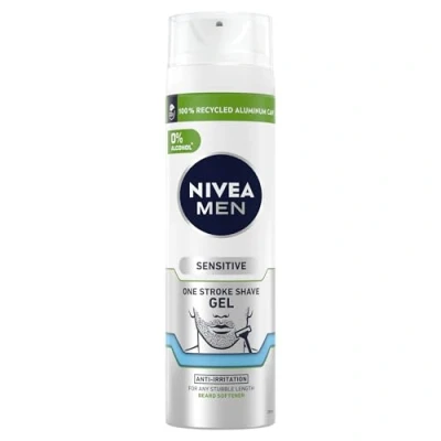 Image of NIVEA Men Sensitive One Stroke Shave Gel (200ml), Shaving for with Chamomile Extract + Vitamin E, and Beard Softener,