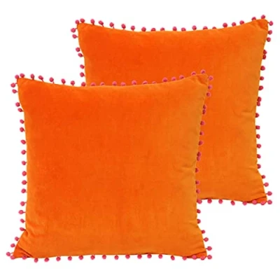 Image of Paoletti Velvet Pompom Cushions (Twin Pack) Orange Cotton One Size