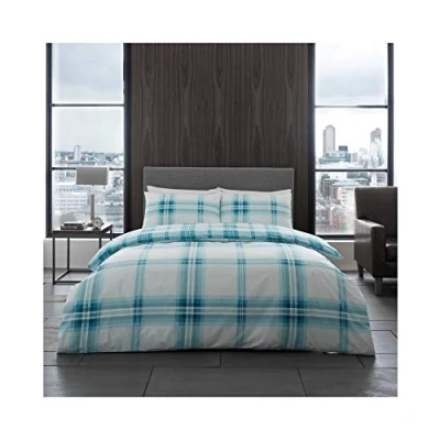 Image of GC GAVENO CAVAILIA Printed Duvet Cover Sets, Reversible Bedding Bed Set, Polycotton Quilt Covers, Bardsley Check Teal, Double