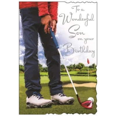 Image of Son Birthday Card Wonderful Sporty Golf Design Special Finishes and Illustrated Insert Leaf Made in the UK