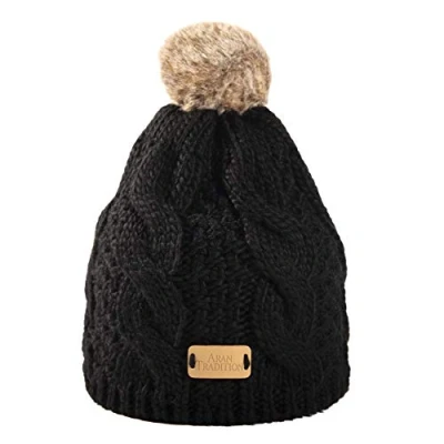 Image of Aran Traditions Warm Winter Cable Knit Faux Fur Bobble Beanie Hat (Black)