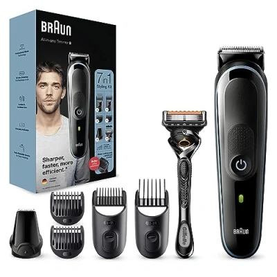Image of Braun 7 In 1 All One Series 3, Male Grooming Kit With Beard Trimmer, Hair Clippers, Gillette Razor &amp; Precision 5 Attachments, Gifts For Men, UK 2 Pin Plug, MGK3245, Black/Blue