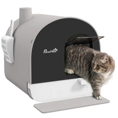Image of PawHut Cat Litter Box Kitten Tray w/Hood, Scoop, Filter, Flap Door, 43 x 44 47cm Light Grey