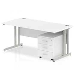 Image of Impulse 1200x800mm Desk White Top Silver Cantilever Leg and Mobile Ped
