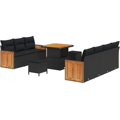 Image of vidaXL 10 Piece Garden Sofa Set with Cushions Black Poly Rattan Acacia