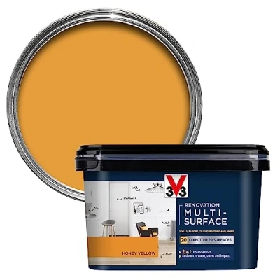 Image of V33 Renovation Multi Surface Paint Honey Yellow 2L Direct to 20 Surfaces Including Wood, Tiles &amp; Metal Resistance Water, Stains Impact High Coverage Washable Easy Maintenance
