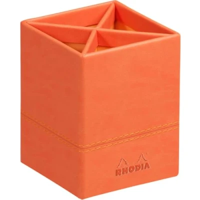 Image of RHODIA 318914C Tangerine Pencil Pot 8x8x11 cm Orange Saddle Stitching Faux Leather Exterior Rhodiarama Home Office Collection Organization &amp; Designer Storage