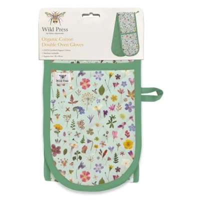 Image of Double Oven Gloves Organic Cotton Floral Design Pressed Flowers Mint Meadow Stylish Kitchenware