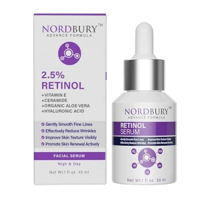 Image of NORDBURY Retinol Serum, 2.5% with Vitamin E Ceramide Hyaluronic Acid &amp; Organic Aloe Vera, Smooth Fine Lines Reduce Wrinkles and Improve Texture Skin Renewal Actively Night Day