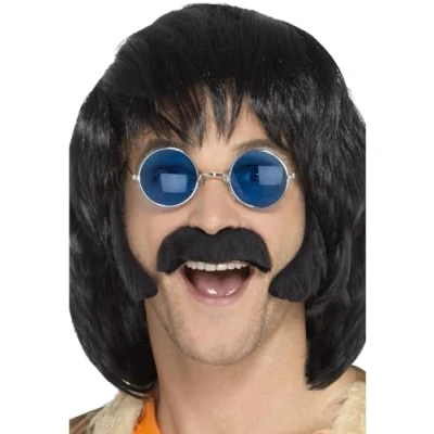 Image of Smiffys Hippie Disguise Set, Black with Porkchop Sideburns &amp; Moustache, Self Adhesive, 1960&#039;s Groovy Fancy Dress, Adult Dress Up Cosmetics Disguises.