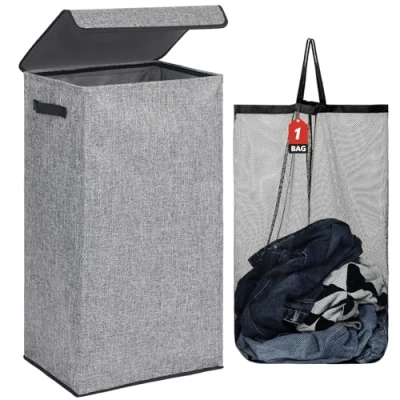 Image of DOKEHOM 100L Laundry Basket with Lid and Removable Bags, Large Collapsible Hamper for Bedroom, Bathroom, Room, Colloge (Grey)