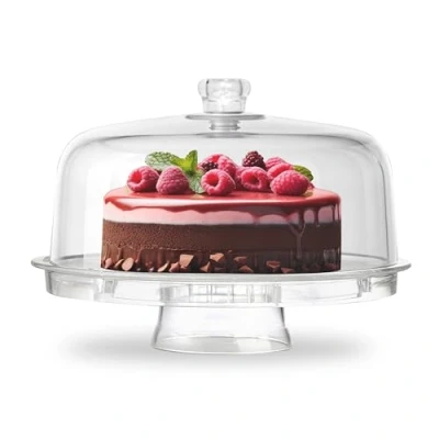 Image of Denny International® 6 IN 1 CAKE STAND CLEAR ACRYLIC DOME LID SALAD PLATE PUNCH BOWL CHIP DIP SERVER