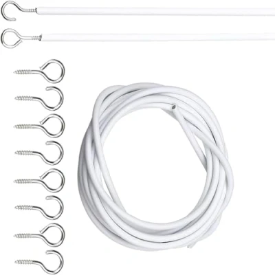 Image of 2M White Curtain Wire Cord Cable with Free Hook and Eye Fittings Net Kit 2 Meter Rail Hooks for Window Hanging Curtains &amp; Pictures.