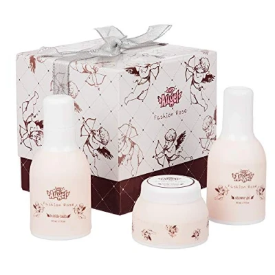 Image of 4 Piece Elegant Ladies Fashion Rose Body &amp; Bath Box Gift Set Includes Shower Gel, Bubble Bath, Lotion and an Eva Puff