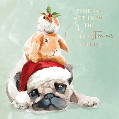 Image of Festive Pug &amp; Friends Luxury Hand Finished Foiled Christmas Card Xmas Cards XLSB063S