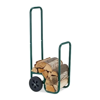 Image of Relaxdays Firewood Cart, Made of Steel, 2 Rubber Wheels, Load Capacity up to 60kg, Transport Wood Pieces, Storage, Green, 109.5 x 41 45 cm